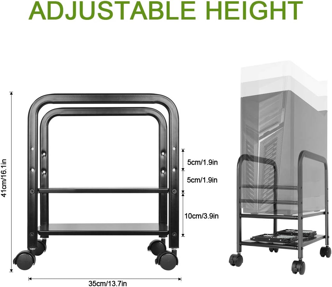 Computer Tower Stand, Desktop ATX-Case CPU Holder, Adjustable 2-Tier CPU Steel Rolling Stand, Mobile Tower Case Stand Cart with Locking Caster Wheels for Office Home (Black) : Office Products