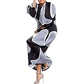 Women Colorful African Dress Floral Puff Long Sleeve Wedding Guest Party Pleated Maxi Dress