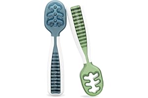 NumNum Baby Spoons Set, Baby Essentials Pre-Spoon GOOtensils for 6+ Months, First Stage Self-Feeding Spoons for Baby Led Weaning (BLW), Silicone Toddler Utensils, BPA-Free, 2 Pack Blue/Green
