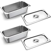 2 Pack Stainless Steel Hotel Pans 1/3 Size 3.75 Inch Deep Steam Table Hotel Pans with Lid Food Service Pan Catering Food Storage Metal Pan