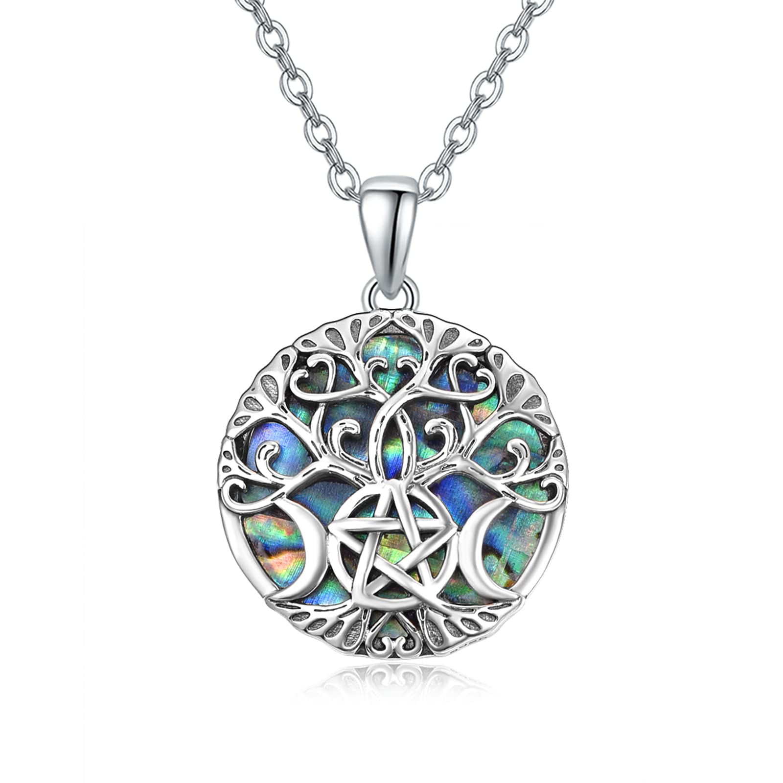 KINGWHYTE Triple Moon Goddess Necklace 925 Sterling Silver Abalone Tree of Life Pentagram Pentacle Pendant Vintage Amulet Jewellery for Women Men