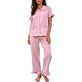 Flygo Gingham Pajama Sets for Women 2 Piece Cotton Lounge Set | Short Sleeve Button Down Ruffled Babydoll Shirts, Long Plaid Pants, Y2K Pjs Sleepwear, Soft Loungewear for Spa, Bridal, WFH