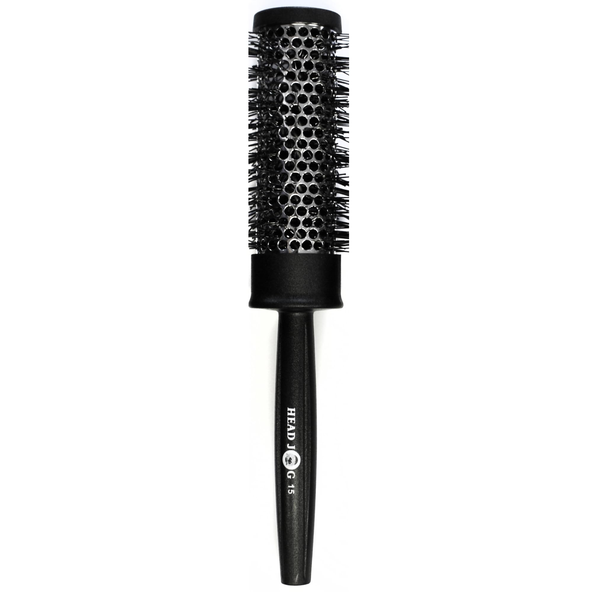Head Jog Heat Retainer Hair Brush. Black & Silver Styling Round Hairbrush With Metal Barrel For Fast Drying. Round Vent Brush For Styling, Blow Drying, Straightening & Curling. (35mm)