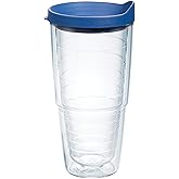 Tervis Clear & Colorful Lidded Made in USA Double Walled Insulated Tumbler Travel Cup Keeps Drinks Cold & Hot, 24oz, Blue Lid, 1 Count (Pack of 1)