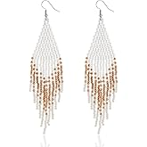 Native Beaded Tassel Earrings Boho - Handmade Seed Bead Statement Fringe Drop Earrings for Women Dangling