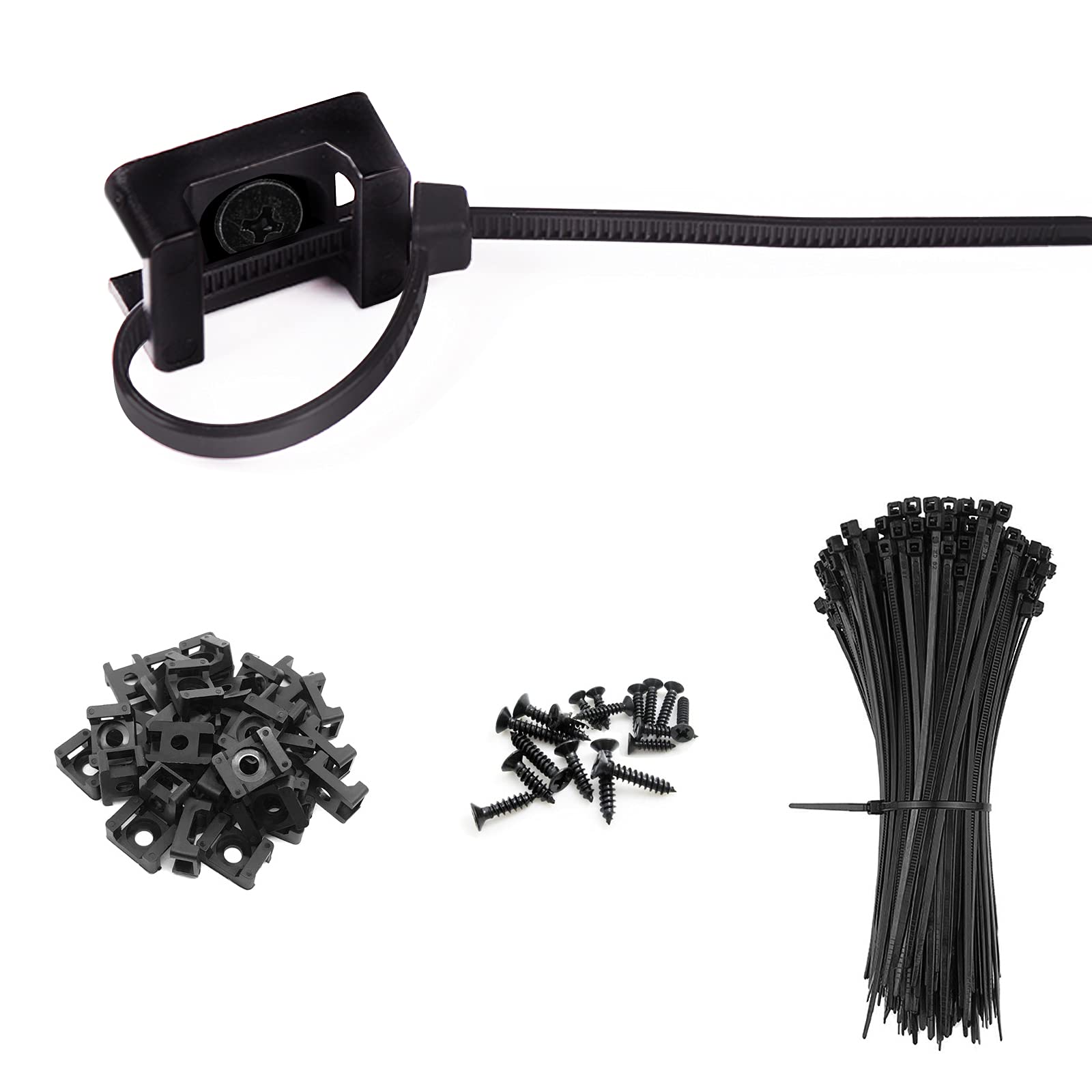 YIOVVOM 100 Pcs Cable Zip Tie Saddle Type Mount With Screw,100 Pack 6" Cable Ties, High Strength, Black Cable Zip Tie Mounts Kit For Wire Management,Electronic Cord Organizer Clip (Small, Black)