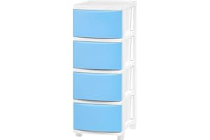 IRIS USA, INC. IRIS USA Plastic Drawer Storage Organizer, 4-Drawers, for Classroom Art Supplies Bathroom Dorm Bedroom Laundry Room, Slim Narrow, White Frame with Matte Blue Front Panels