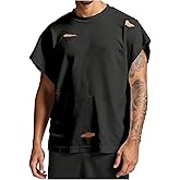 SHENHE Men's Distressed Crew Neck Loose Tank Tops Dolman Sleeve Solid Going Out Tops