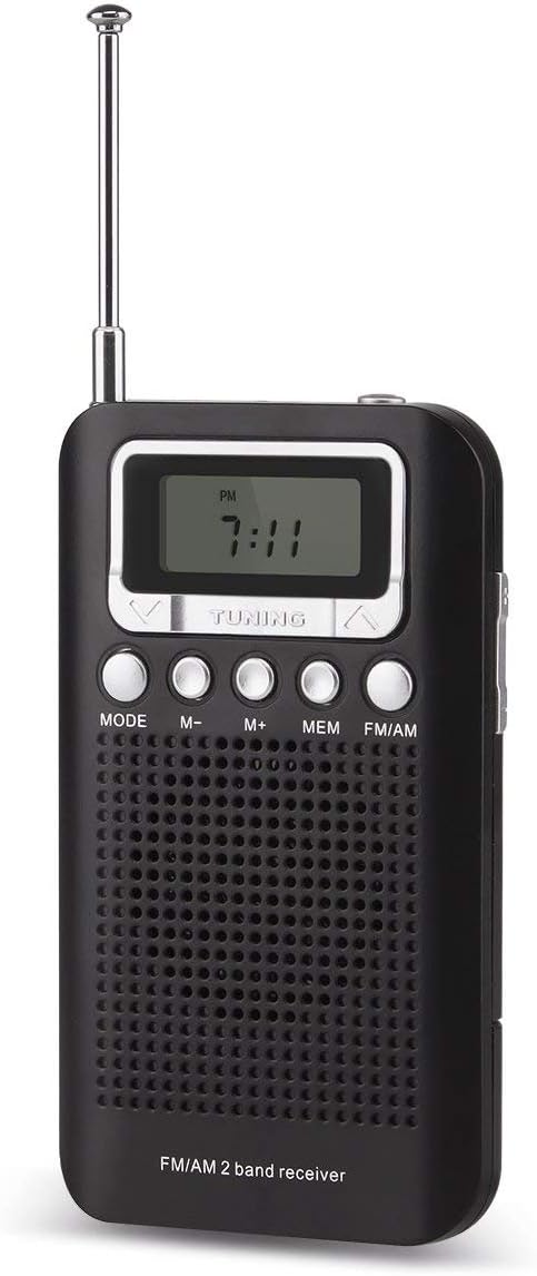 AM FM Portable Pocket Radio with Alarm Clock AM/FM Compact Radio Player Operated by 2 AAA Battery, Stereo Headphone Socket Memory Mode & Sleep Timer