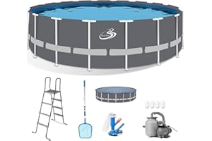 BLUE BAY BlueBay 18ft x 52in Round Metal Frame Pool, Above Ground Outdoor Swimming Pool Set with1545 GPH Filter Pump,Pool Cover, Ladder, Maintenance Kit, White Frame