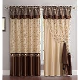 Fancy Collection Embroidery Curtain Set Drapes with Backing &amp; Valance (Brown, 55"x 84")