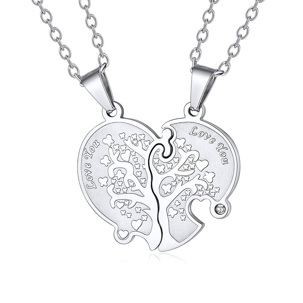 Custom4U Love You Heart Necklaces for Couples-Stainless Steel Split Love Puzzle Pendant with Shiny Rhinestone-Womens Mens Couple Jewellery