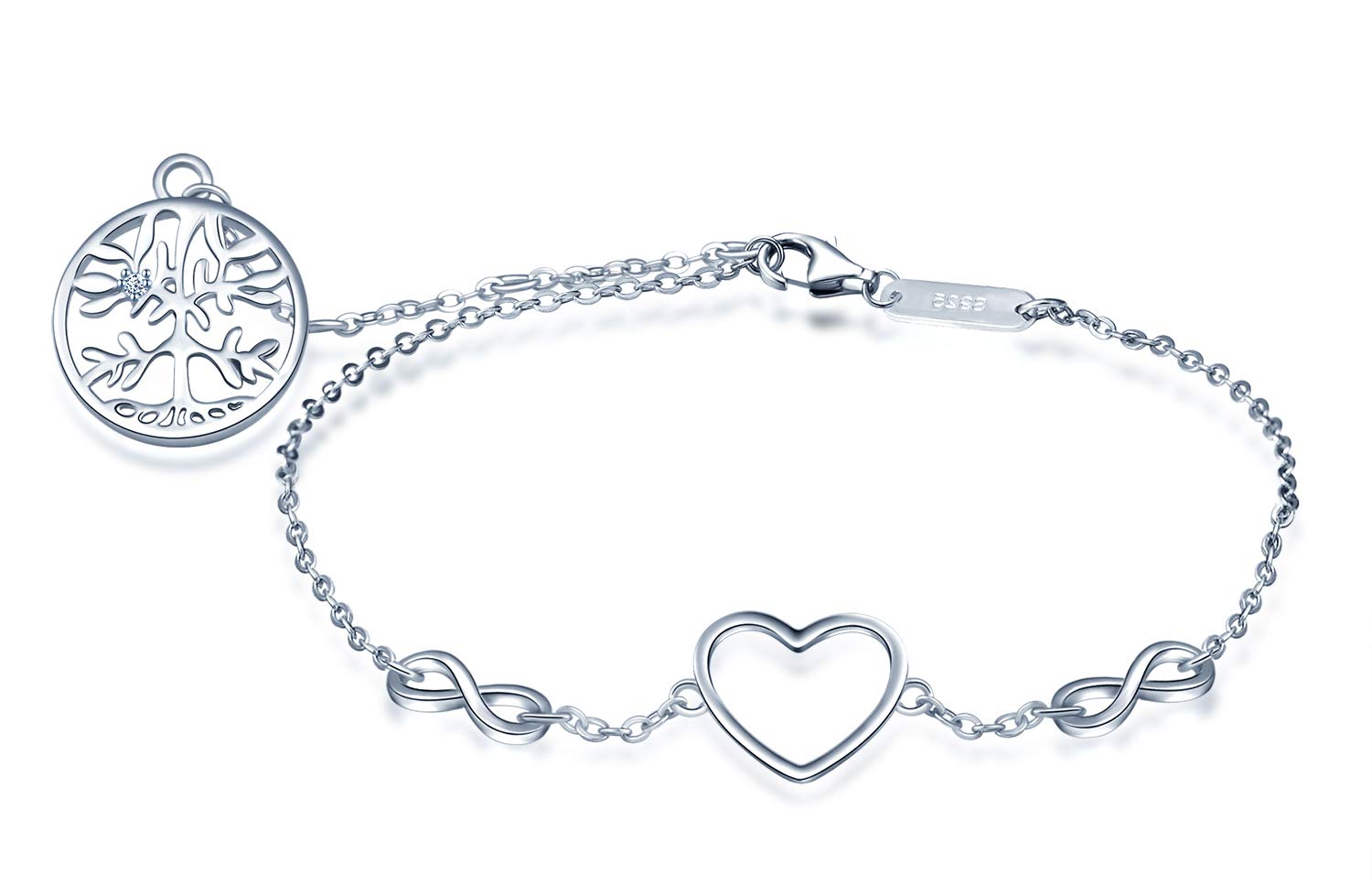 INFINIONLY Women's Girl's 925 sterling silver Bracelet, hollow heart bangle decorated with infinite symbol elements, Inlaid zircon, silver, Christmas Valentine's Day and Birthday gift