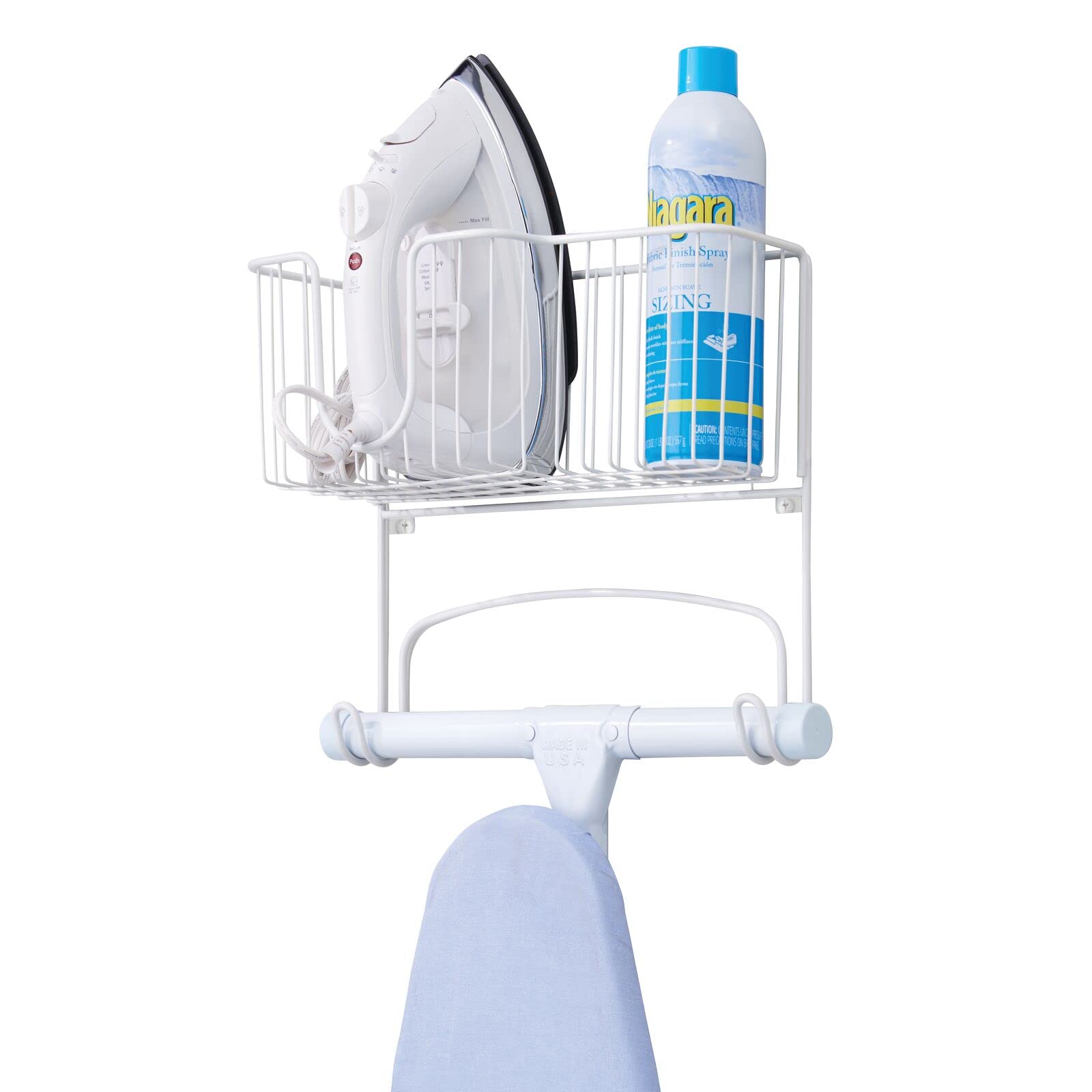 mDesign Wall Mounted Ironing Board Holder - Steel Ironing Board Rack for Easy Organisation - Includes Basket for Iron Storage - White