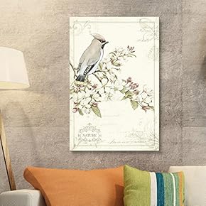 Vintage Style Bird on Tree Branch Blooming Flowers