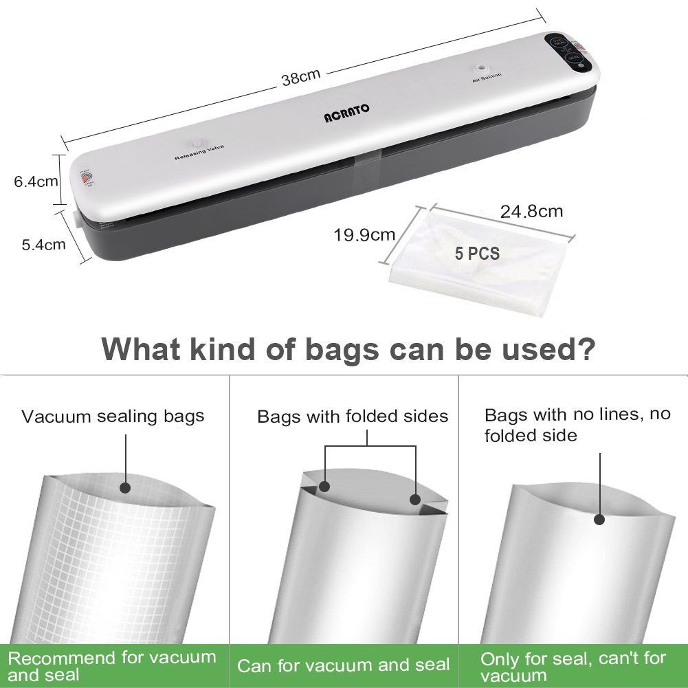 ACRATO VC10 Vakuumiergerät Kompakte Vakuumierer & Folienschweißgerät, 85W Max.30CM Schweißbereite, Absaug- und Schweißautomatik für 10x Frischer Lebensmittel, ink. 5 BAP freie Folienbeuteln Weiß