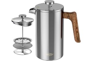 IKAPE French Press Coffee Maker, 34 OZ 304 Stainless Steel Espresso Coffee & Tea Maker with 4 Level Filtration System(Silver)