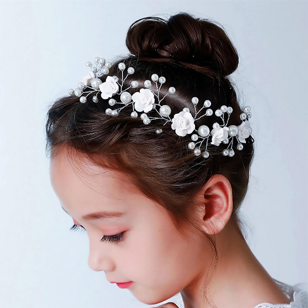 IYOU Princess Communion Headpiece Flower White Headband Pearl Hair Vine Bridal Wedding Hair Accessories for Flower Girls