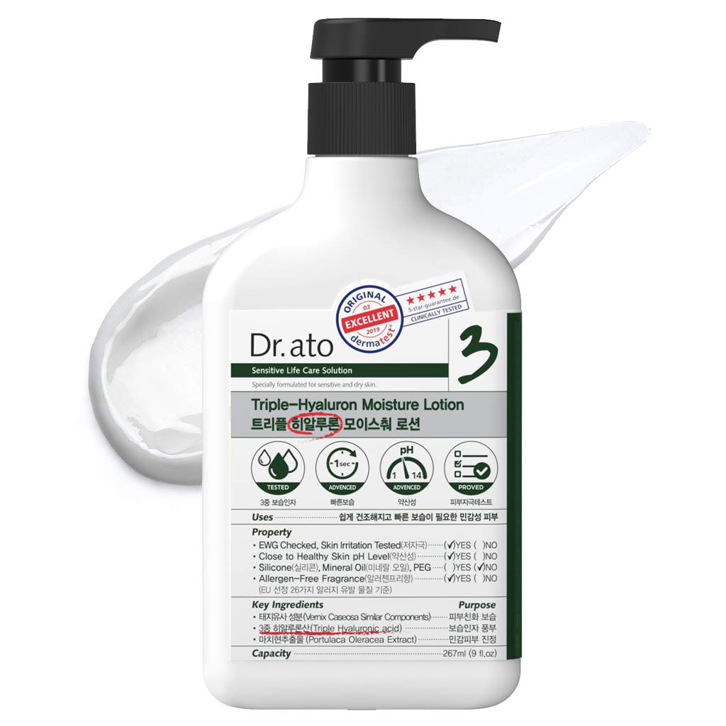 Medience DR.ATO Triple-Hyaluron Moisture Lotion 10.5 fl.oz. - pH5.5 Body and Face Baby, Infant, Kids Moisturizing Lotion with 3 Types of Hyaluronic Acid for Dry Skin - Derma Tested, Paraben Free
