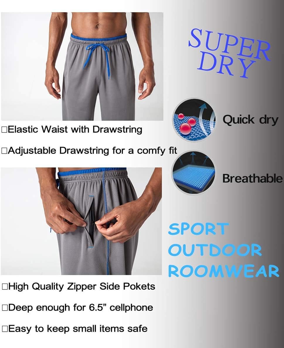 BIYLACLESEN Men's Jogger Sweatpants Zipper Pockets Breathable Running Gym Workout Athletic Mesh Pants Open Bottom: Clothing