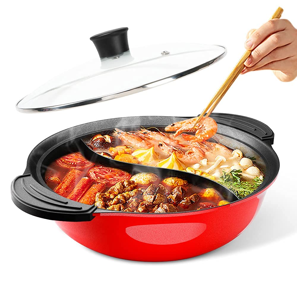 Photo 1 of Hot Pot with Divider for Induction Cooker Dual Sided Soup Cookware Two-flavor Chinese Shabu Shabu Pot for Home Party Family Gathering, 4.5 Quart (Red)