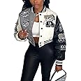 Perbai Women's Cropped Varsity Jacket Colorblock Letter Print Button Down Letterman Bomber Coat with Pockets Y2K Streetwear