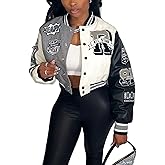 Perbai Women's Cropped Varsity Jacket Colorblock Letter Print Button Down Letterman Bomber Coat with Pockets Y2K Streetwear