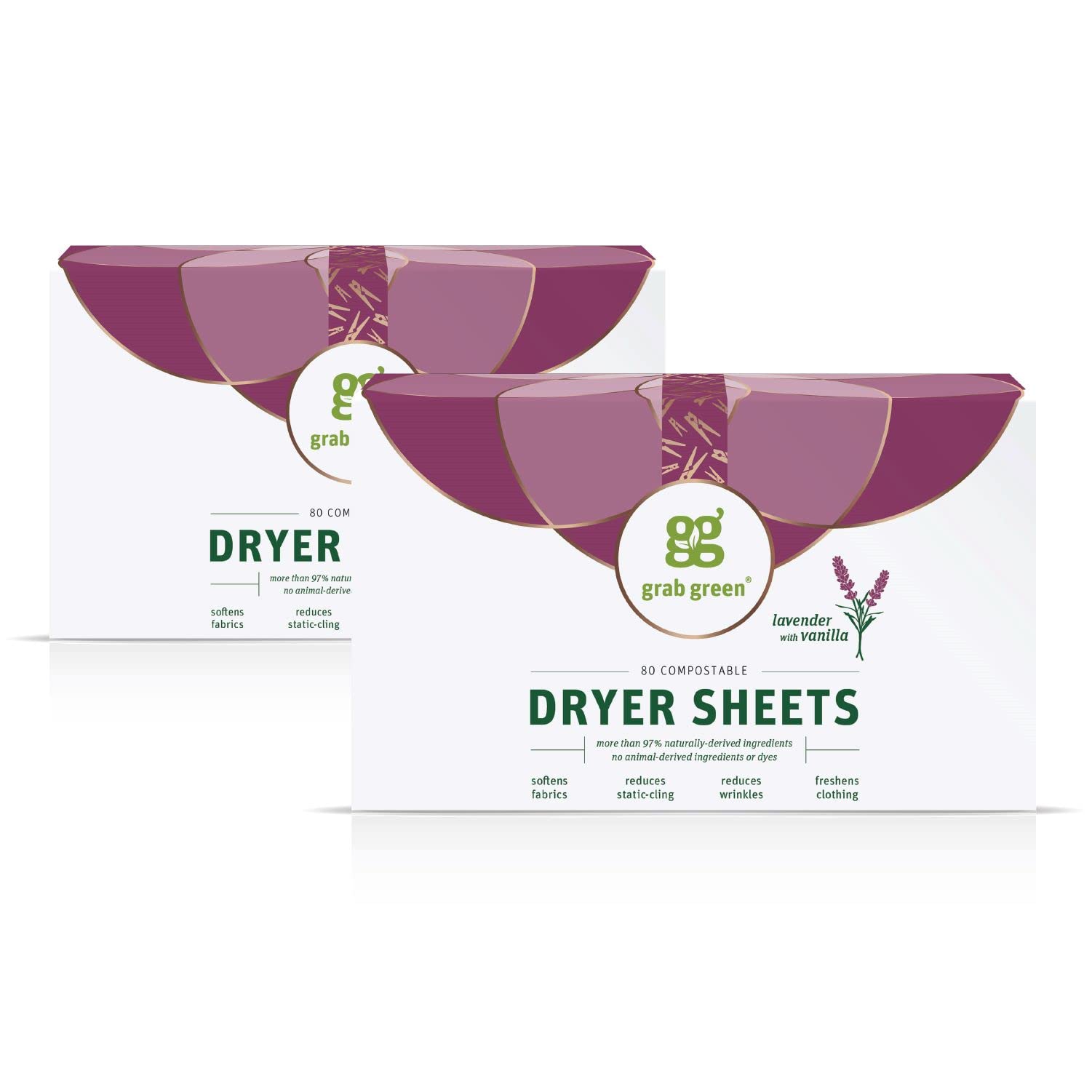 Grab Green Dryer Sheets, 160 Sheets, Lavender Vanilla Scent, Plant Based, Softens Fabrics, Reduces Static Cling and Wrinkles