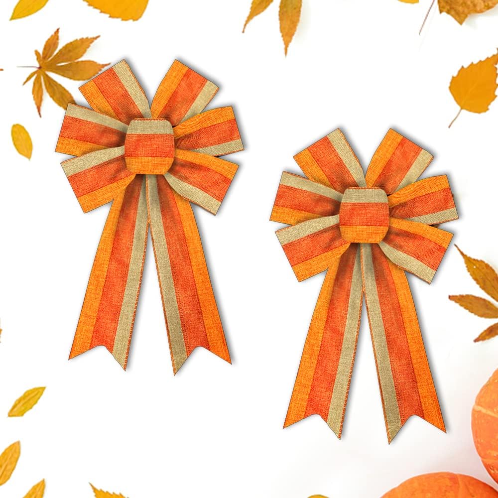 Bows & Ribbons - On-Airstore 2pcs Fall Wreath Bows Thanksgiving Bows Orange Brown Strips Burlap Bows for Wreaths, Autumn Ribbon Bows Tree Topper Bows for Home Indoor Outdoor Decoration Wreath Ornament Supplies