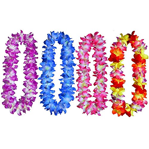 Yansanido 41' Pack of 4 Large Size Fully Hawaiian Ruffled Simulated Silk Flower Leis Necklace for Party Favor and hula-hula Hawaiian Dance