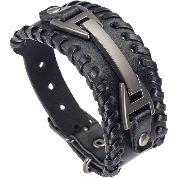 Bracelet YALE en acier vintage, cuir plat et tressé marron et œil de tigre 21,5cm. Réglable