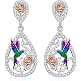 Hummingbird Earrings for Women 925 Sterling Silver Rose Dangle Drops for Women Cubic Zirconia Bird and Rose Design Dangle Drop Earrings Gifts for Lovers