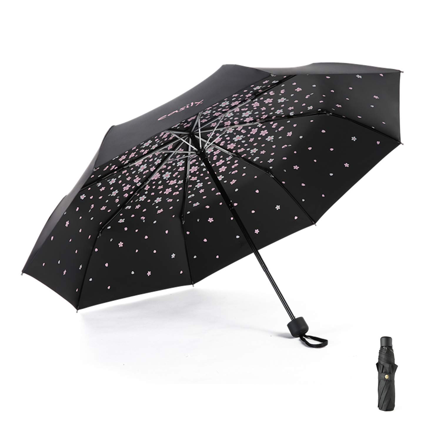 Meiyijia Compact and Foldable Umbrella, UV Protection, Portable Voy, Lady Umbrella - Black - Cherry Blossom - Unfolds 96 cm, 96cm