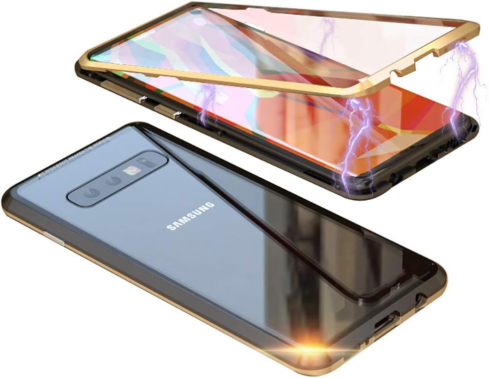 HONTECH Compatible Galaxy S10 Case, Slim Magnetic Adsorption Metal Frame with Built-in Magnet Flip Tempered Glass Cover, Black-Gold