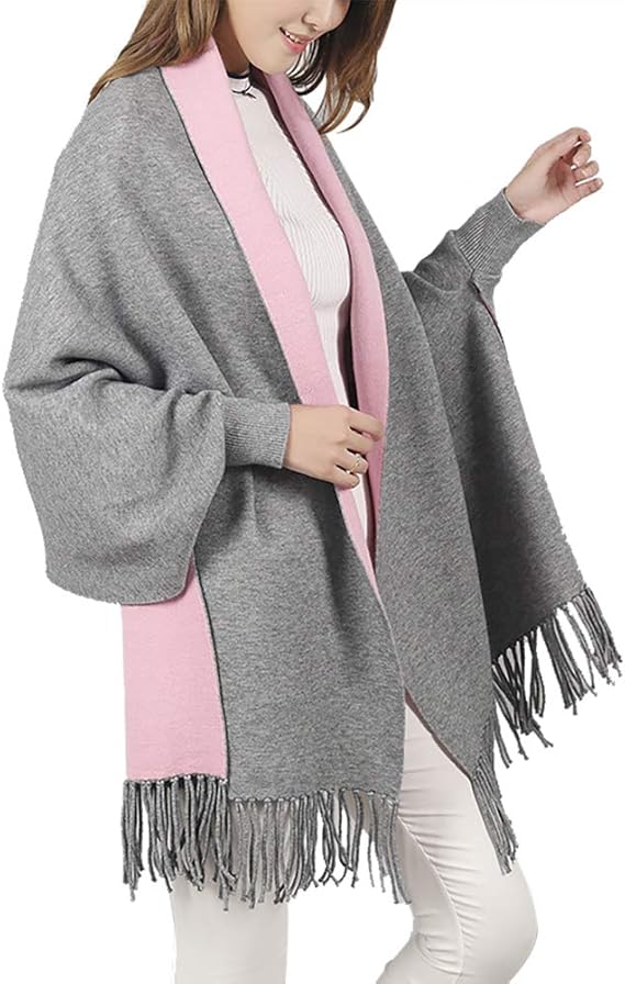 Amazon Duohao 最新 マフラー レディース 無地 カーディガンコーディガン レディース ポンチョ風 ニットストール ショール あったか おしゃれ 大人 通勤 通学 プレゼント ギフト グレー ピンク マフラー 通販