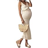 OYOANGLE Women's Maternity Dress Textured Spaghetti Strap Ruffle Slit Hem Pregnancy Dresses for Baby Shower
