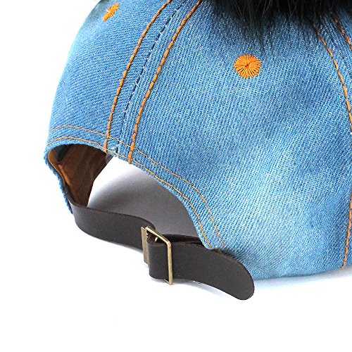 Faux Fur Pom Pom Vintage Denim-Feel Adjustable Baseball Cap Hat - Mint