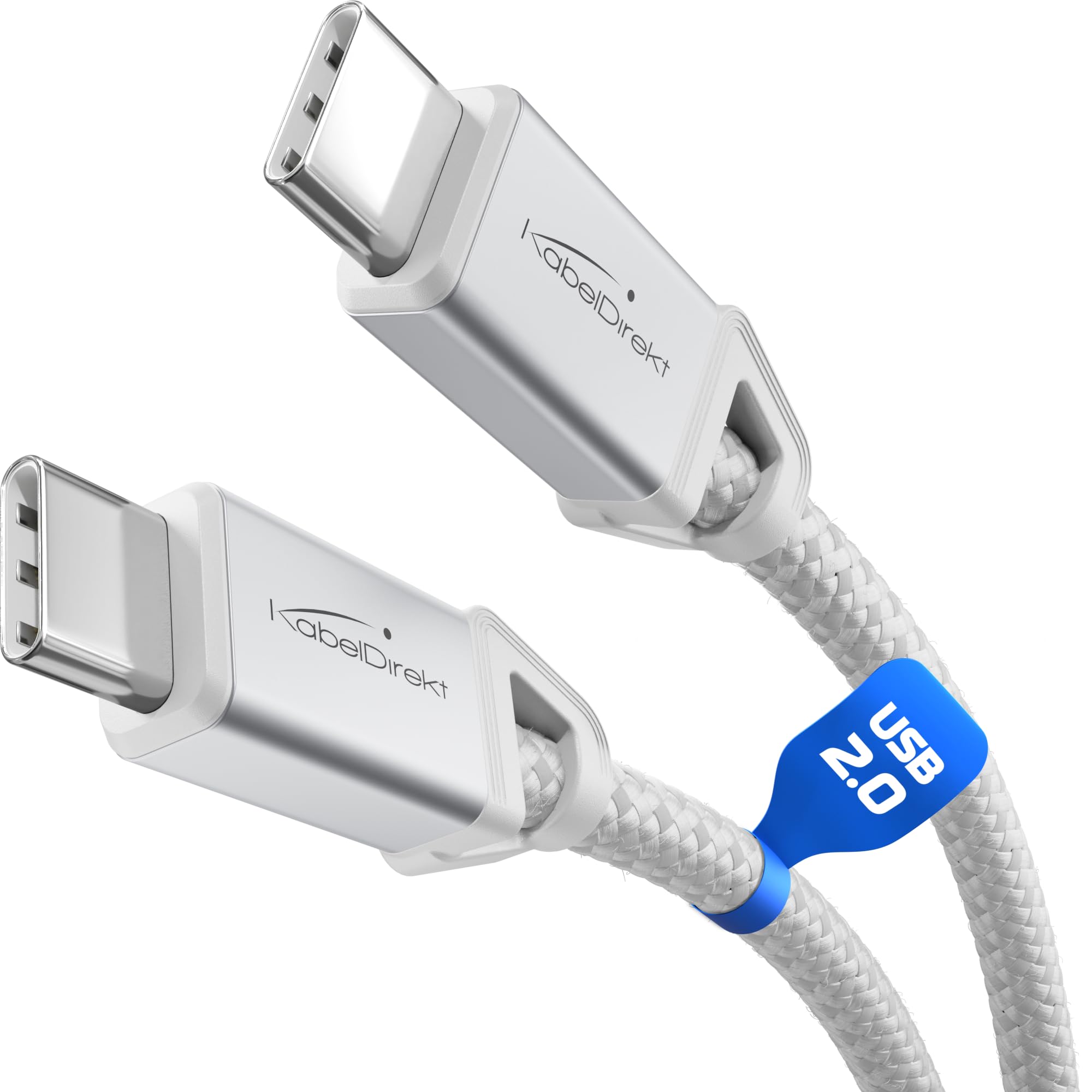KabelDirekt – USB C Cable for Fast Charging, Break-Resistant Metal Plugs + Nylon Braiding, USB 2.0 – 3m (Charges Phones/Laptops with 60W, Highly robust, Works as Charging/Data Cable, White)