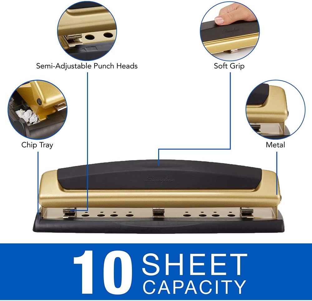 Swingline Desktop Hole Punch, Hole Puncher, Precision Pro, Adjustable, 2-3 Holes, 10 Sheet Punch Capacity, Black/Gold (74086) : Office Products