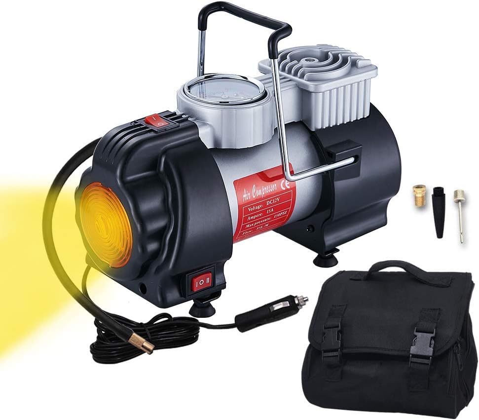GSPSCN Heavy Duty Air Compressor Pump, Portable Tyre Inflator with Yellow Flashlight and Double Flash Signal Light 12V 150 PSI for Car, SUV, Motorcycle, Bicycle, Ball,and Others Inflatable