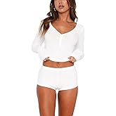 RUIWANBBY Womens Sexy V Neck 2 Piece Ribbed Knit Pajama Sets Button Down Long Sleeve Tops Shorts Y2k Lounge Sleepwear Pjs Set