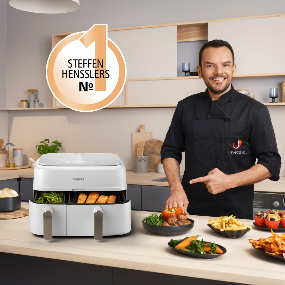 Philips Airfryer 3000 Series Dual Basket, Heißluftfritteuse mit 2 Körben, 9L Kapazität (6L+3L), RapidAir Plus Heißlufttechnologie, 90% weniger Fett, Rezepte-App, Spülmaschinenfest, Weiß (NA353/10) 3