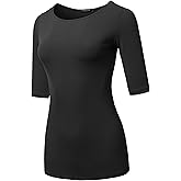 SSOULM Women's 1/2 Sleeve T-Shirt - Slim Fit Stretchy Crewneck Top