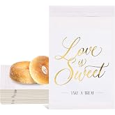 AnyDesign 100 Pack Wedding Party Favors Bags Gold Foil Love is Sweet White Kraft Paper Treat Bags Self-Adhesive Candy Cookie Buffets Bags for Bridal Shower Party Gift Craft Fairs Events, 5 x 7 In