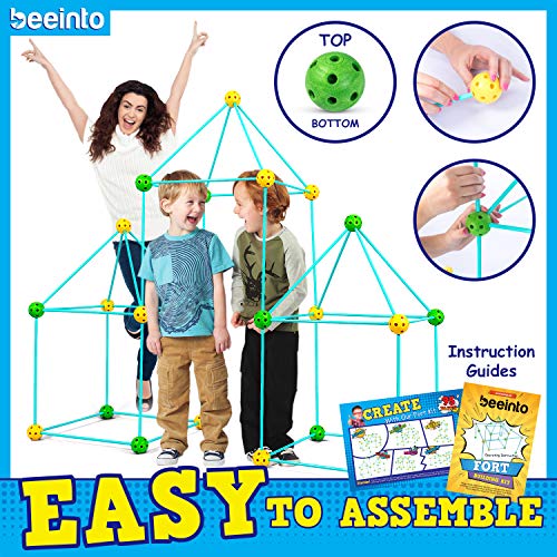 beeinto Kids Fort Construction Building Kit - 58 Poles, 32 Balls, 5 Toss Rings, Nylon Bag, Instructions - Outdoor STEM Toys for Boys, Indoor Play Tents Builder, Parent-Child Quality Time - Ages 5+