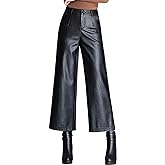 Lucrosun Women's Elastic High Waist Wide Leg Faux Leather Pants Palazoo Trousers