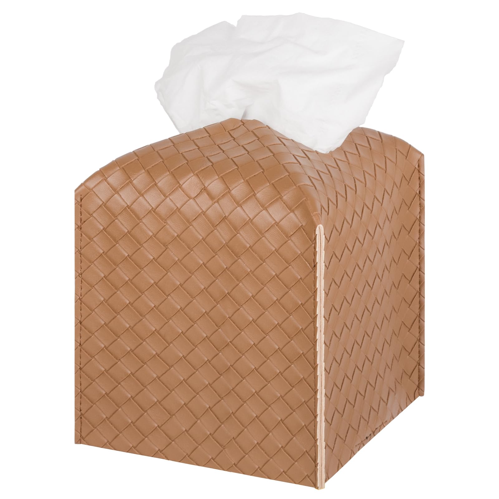 Photo 1 of Tissue Box Cover PU Leather Tissue Holder Square Facial Tissue Case Facial Paper Organizer Dispenser for Bathroom, Vanity Countertop, Tabletop, Car, Brown