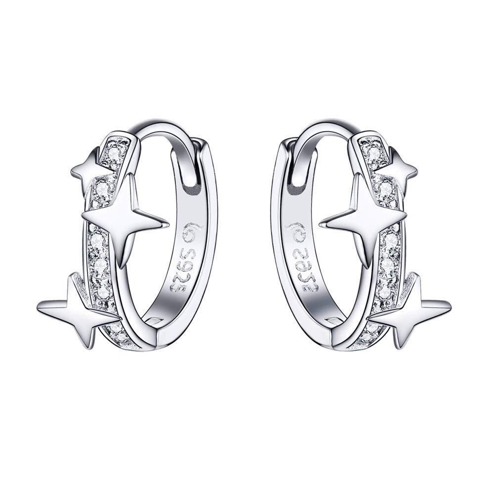 Starry Cubic Zirconia Huggie Hoop Earrings for Women Teen Girls Sterling Silver Constellation Cartilage Cute Charms CZ Sleeper Small Hoop Dainty Hypoallergenic Sensitive Ear Jewellery