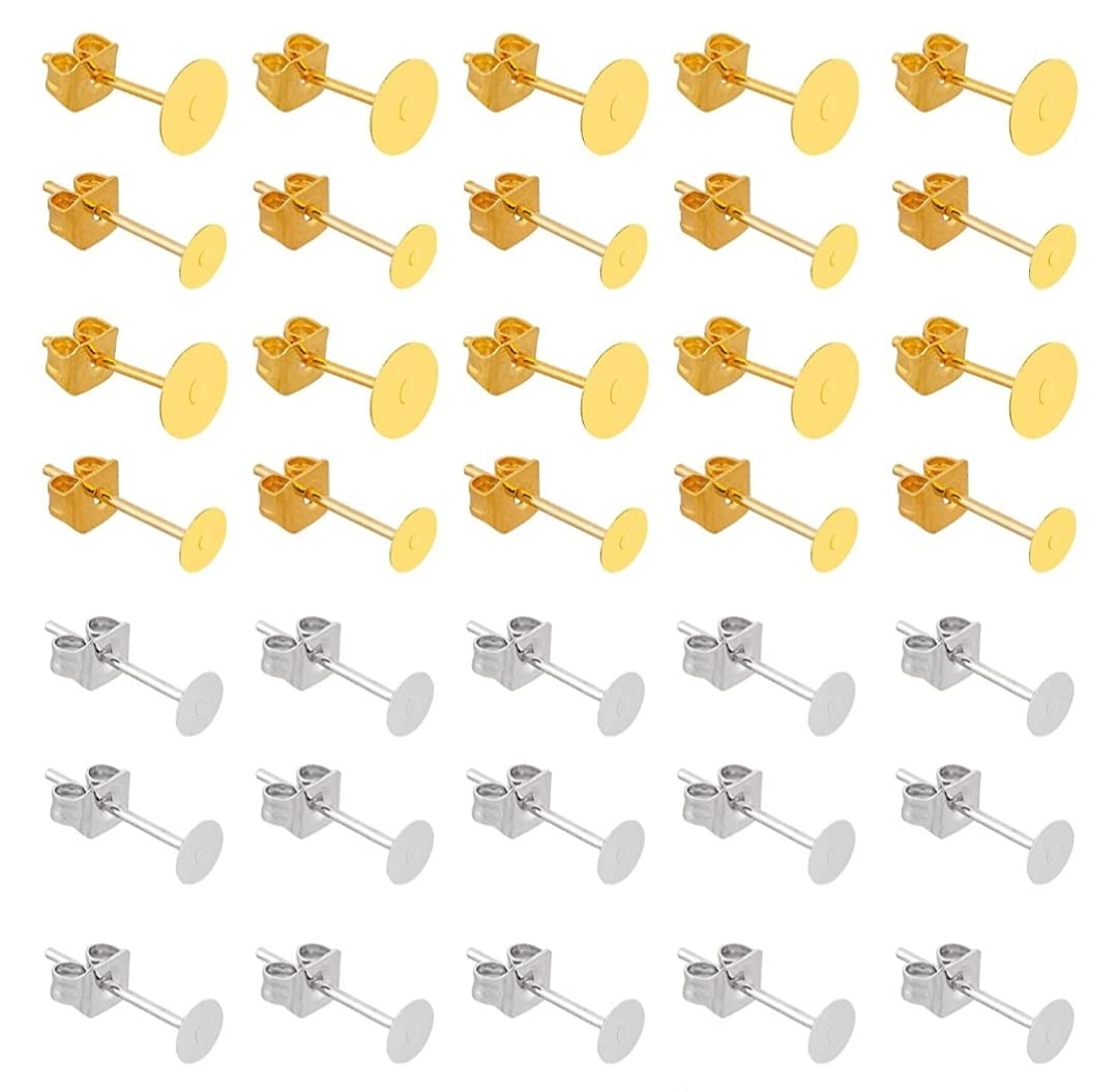 Belerry 400 Pieces Stainless Steel Earrings Posts Flat Pad(2 Size) with Butterfly Earring Backs (Gold and Silver)