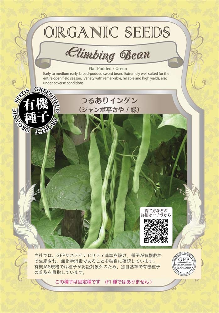 グリーンフィールドプロジェクト【有機種子・固定種】つるありインゲン(ジャンボ平さや/緑) A067商品画像